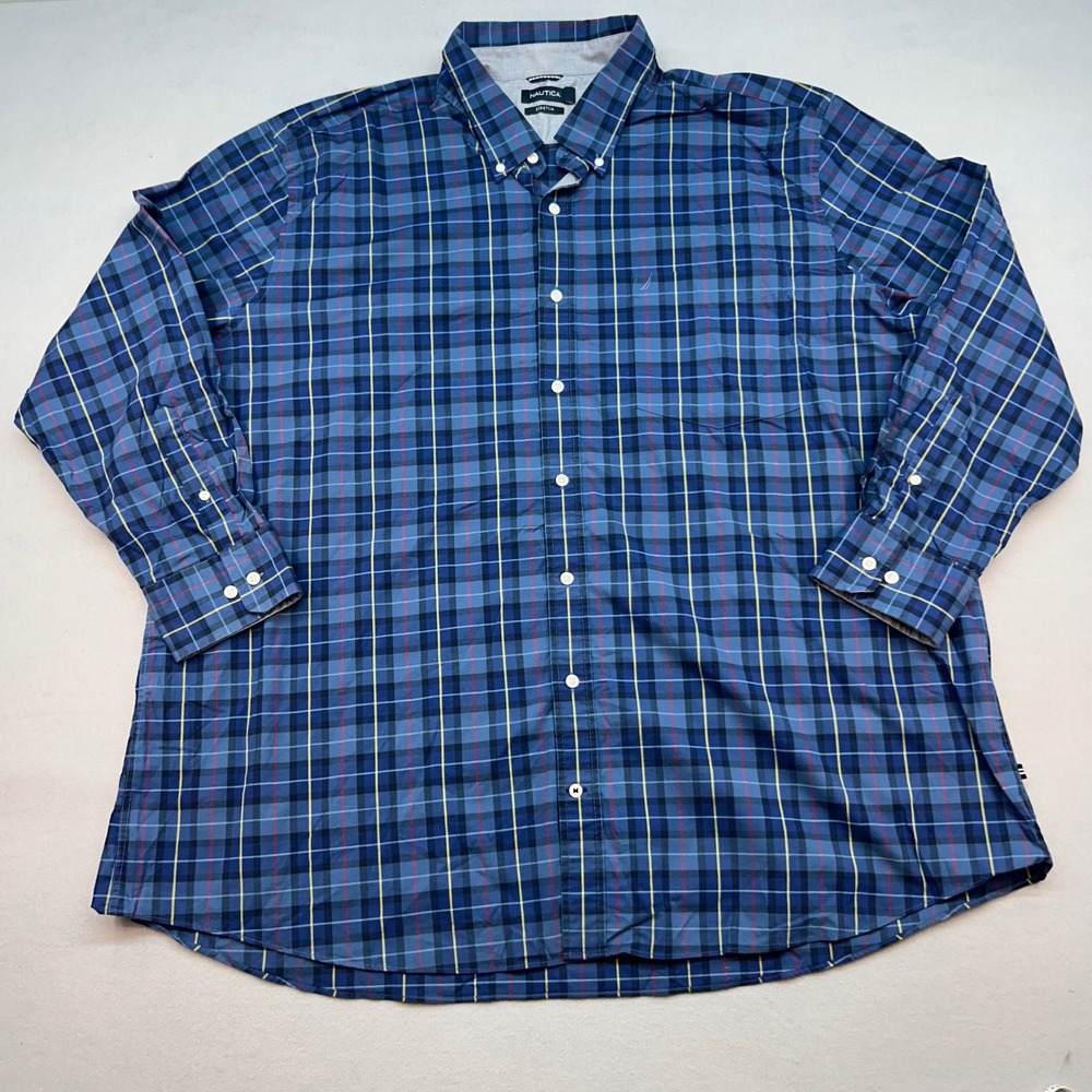 Nautica Mens 4XL Blue Plaid Stretch Button Down Long Sleeve Shirt Cotton Blend
